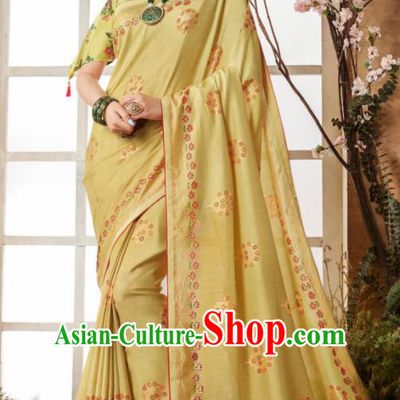 Indian Traditional Bollywood Sari Yellow Dress Asian India National Festival Costumes for Women