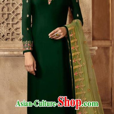 Asian Indian Traditional Embroidered Deep Green Satin Blouse and Pants India Punjabis Lehenga Choli Costumes Complete Set for Women