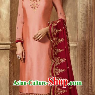Asian Indian Traditional Embroidered Pink Satin Blouse and Pants India Punjabis Lehenga Choli Costumes Complete Set for Women