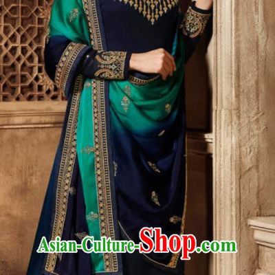 Asian Indian Traditional Embroidered Navy Satin Blouse and Pants India Punjabis Lehenga Choli Costumes Complete Set for Women