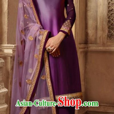 Asian Indian Traditional Embroidered Purple Satin Blouse and Pants India Punjabis Lehenga Choli Costumes Complete Set for Women