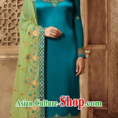 Asian Indian Traditional Embroidered Blue Satin Blouse and Pants India Punjabis Lehenga Choli Costumes Complete Set for Women