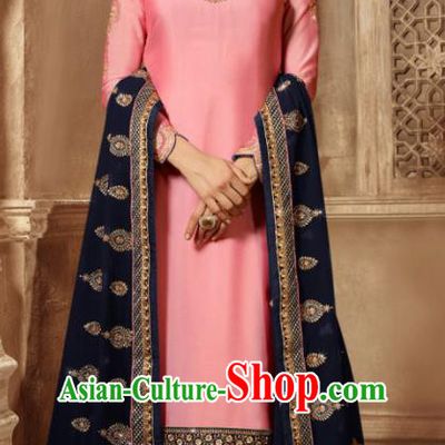 Asian Indian Traditional Embroidered Peach Pink Satin Blouse and Pants India Punjabis Lehenga Choli Costumes Complete Set for Women