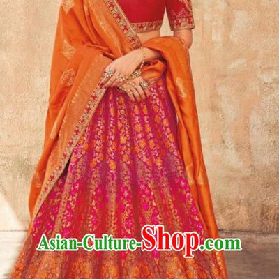 Indian Traditional Bollywood Lehenga Rosy Banarasi Silk Dress Asian India National Festival Costumes for Women