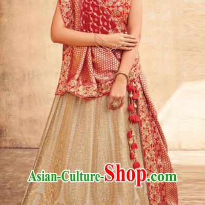 Indian Traditional Bollywood Lehenga Beige Banarasi Silk Dress Asian India National Festival Costumes for Women