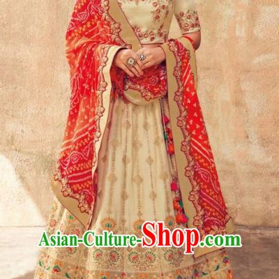 Indian Traditional Bollywood Lehenga Apricot Banarasi Silk Dress Asian India National Festival Costumes for Women
