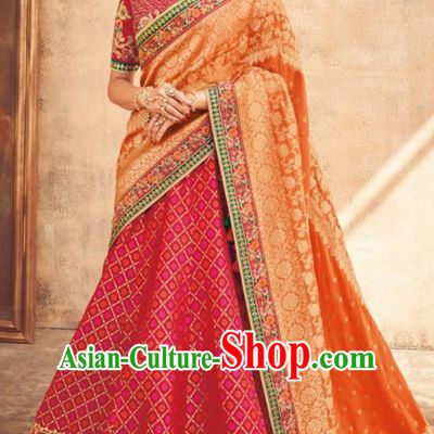 Indian Traditional Bollywood Lehenga Rosy Banarasi Silk Dress Asian India National Festival Costumes for Women