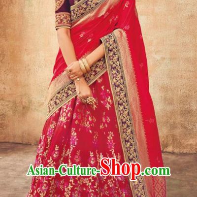 Indian Traditional Bollywood Lehenga Red Banarasi Silk Dress Asian India National Festival Costumes for Women
