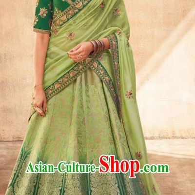 Indian Traditional Bollywood Lehenga Green Banarasi Silk Dress Asian India National Festival Costumes for Women