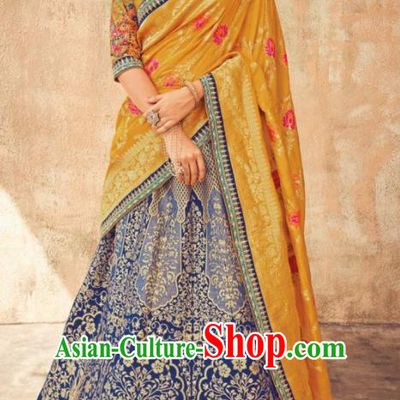 Indian Traditional Bollywood Lehenga Royalblue Banarasi Silk Dress Asian India National Festival Costumes for Women