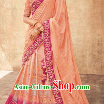 Indian Traditional Bollywood Lehenga Pink Banarasi Silk Dress Asian India National Festival Costumes for Women
