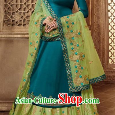 Asian Indian Embroidered Peacock Blue Satin Blouse and Green Skirt India Traditional Lehenga Choli Costumes Complete Set for Women