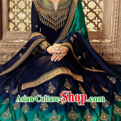 Asian Indian Embroidered Royalblue Satin Blouse and Green Skirt India Traditional Lehenga Choli Costumes Complete Set for Women