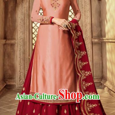 Asian Indian Embroidered Pink Satin Blouse and Wine Red Skirt India Traditional Lehenga Choli Costumes Complete Set for Women