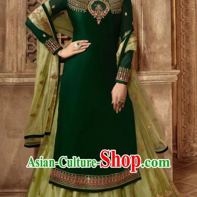 Asian Indian Embroidered Deep Green Satin Blouse and Skirt India Traditional Lehenga Choli Costumes Complete Set for Women
