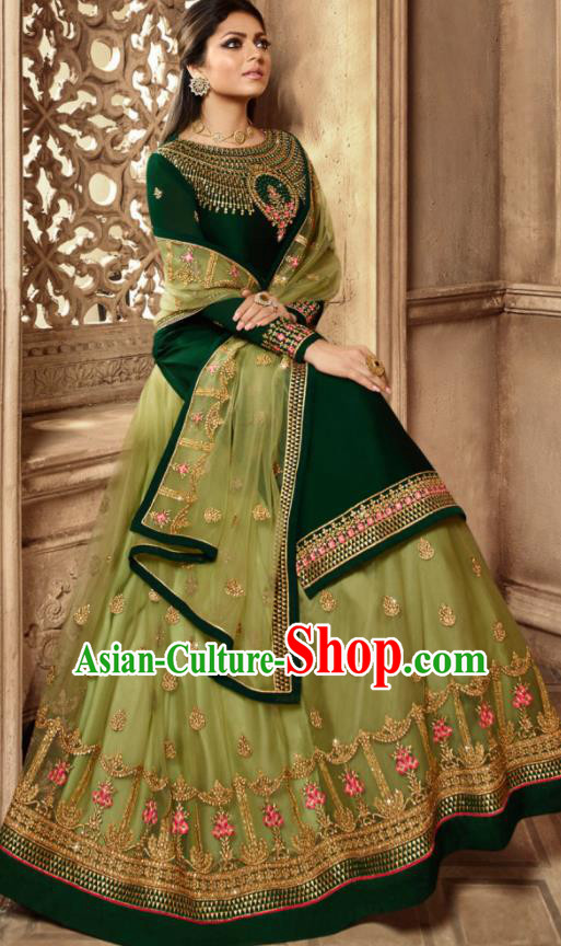 Asian Indian Embroidered Deep Green Satin Blouse and Skirt India Traditional Lehenga Choli Costumes Complete Set for Women Asian Indian Embroidered Deep Green Satin Blouse and Skirt India Traditional Lehenga Choli Costumes Complete Set for Women