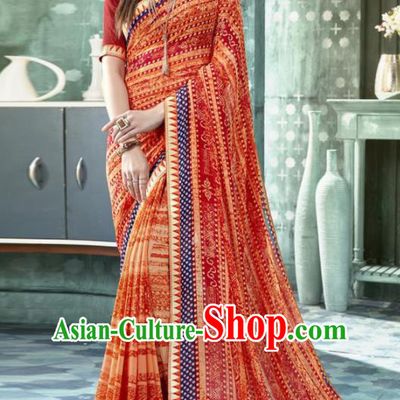 Indian Traditional Bollywood Printing Sari Red Dress Asian India National Festival Costumes for Women