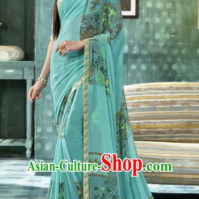 Indian Traditional Bollywood Printing Sari Light Blue Dress Asian India National Festival Costumes for Women