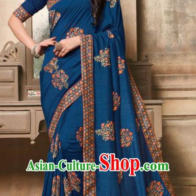 Indian Traditional Bollywood Embroidered Navy Silk Sari Dress Asian India National Festival Costumes for Women