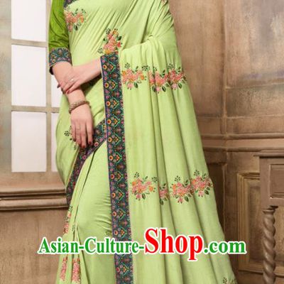 Indian Traditional Bollywood Embroidered Light Green Silk Sari Dress Asian India National Festival Costumes for Women