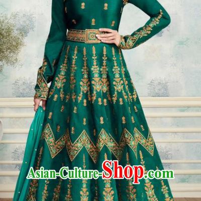 Indian Traditional Bollywood Court Green Silk Anarkali Dress Asian India National Festival Costumes for Women
