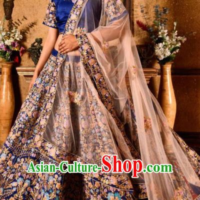 Indian Traditional Bollywood Wedding Embroidered Lehenga Deep Blue Dress Asian India National Festival Costumes for Women
