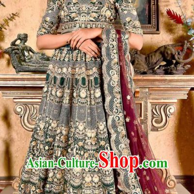 Indian Traditional Bollywood Wedding Embroidered Lehenga Atrovirens Dress Asian India National Festival Costumes for Women