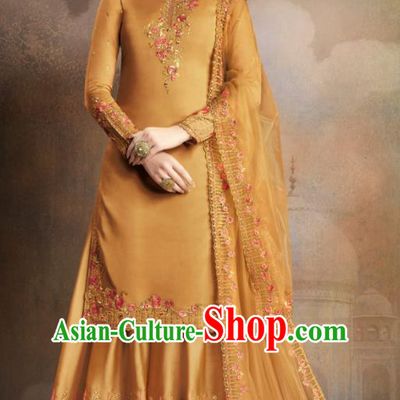 Asian Indian Traditional Embroidered Ginger Satin Blouse and Loose Pants India Punjabis Lehenga Choli Costumes Complete Set for Women