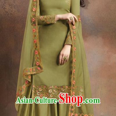Asian Indian Traditional Embroidered Olive Green Satin Blouse and Loose Pants India Punjabis Lehenga Choli Costumes Complete Set for Women