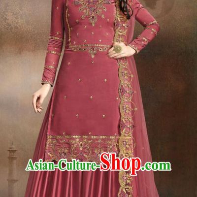 Asian Indian Traditional Embroidered Wine Red Satin Blouse and Loose Pants India Punjabis Lehenga Choli Costumes Complete Set for Women