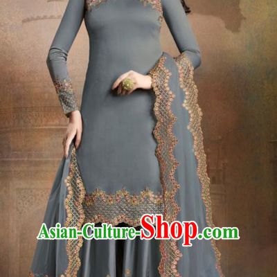 Asian Indian Traditional Embroidered Grey Blue Satin Blouse and Loose Pants India Punjabis Lehenga Choli Costumes Complete Set for Women
