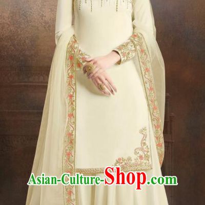 Asian Indian Traditional Embroidered Beige Satin Blouse and Loose Pants India Punjabis Lehenga Choli Costumes Complete Set for Women