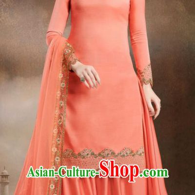 Asian Indian Traditional Embroidered Peach Pink Satin Blouse and Loose Pants India Punjabis Lehenga Choli Costumes Complete Set for Women