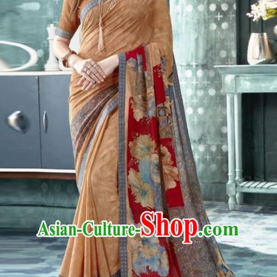 Indian Traditional Bollywood Printing Sari Brown Dress Asian India National Festival Costumes for Women