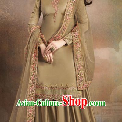 Asian Indian Traditional Embroidered Khaki Satin Blouse and Loose Pants India Punjabis Lehenga Choli Costumes Complete Set for Women