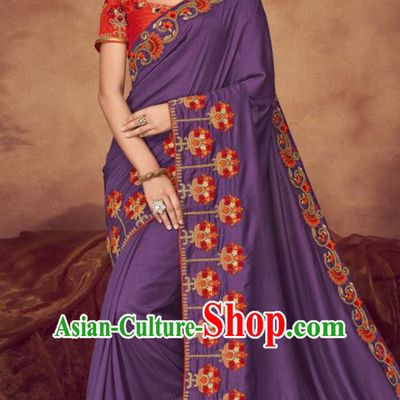 Indian Traditional Court Bollywood Embroidered Purple Sari Dress Asian India National Festival Costumes for Women
