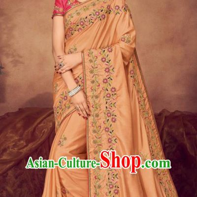 Indian Traditional Court Bollywood Embroidered Light Orange Sari Dress Asian India National Festival Costumes for Women