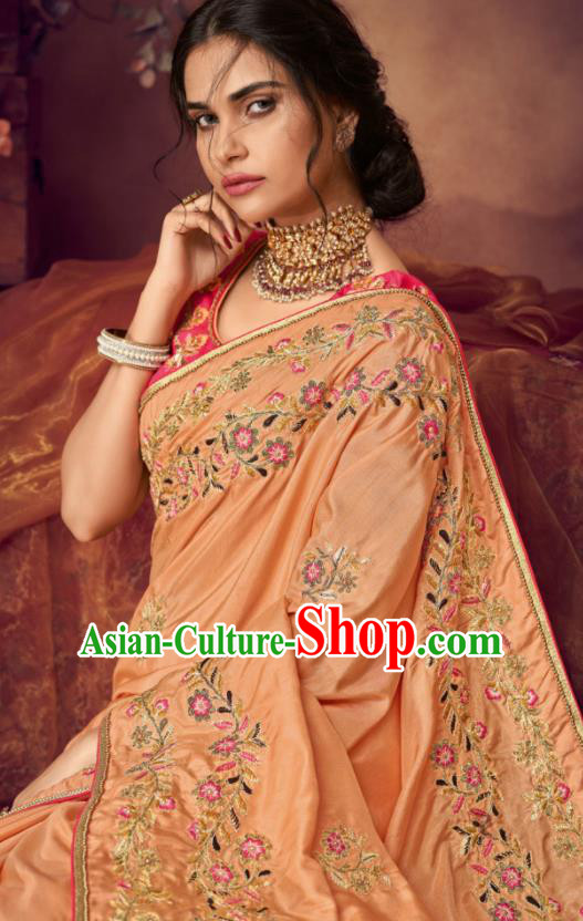 Indian Traditional Court Bollywood Embroidered Light Orange Sari Dress Asian India National Festival Costumes for Women