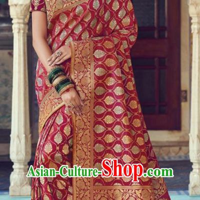 Indian Traditional Festival Wine Red Silk Sari Dress Asian India National Court Bollywood Costumes for Women