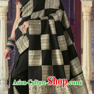 Indian Traditional Festival Black Silk Sari Dress Asian India National Court Bollywood Costumes for Women