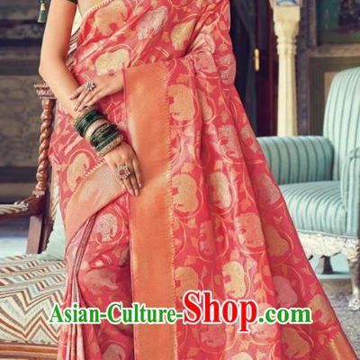 Indian Traditional Festival Pink Silk Sari Dress Asian India National Court Bollywood Costumes for Women