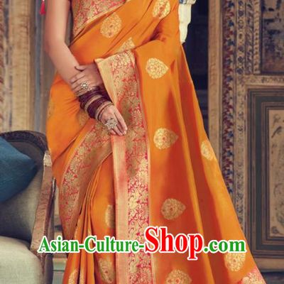 Indian Traditional Festival Orange Silk Sari Dress Asian India National Court Bollywood Costumes for Women