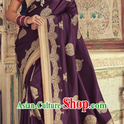 Indian Traditional Festival Deep Purple Silk Sari Dress Asian India National Court Bollywood Costumes for Women