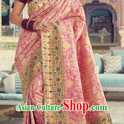 Indian Traditional Festival Peach Pink Silk Sari Dress Asian India National Court Bollywood Costumes for Women