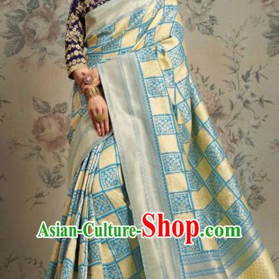 Indian Traditional Festival Jacquard Lake Blue Sari Dress Asian India National Court Bollywood Costumes for Women