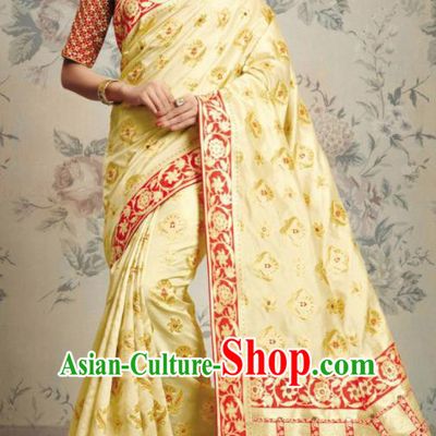 Indian Traditional Festival Jacquard Yellow Sari Dress Asian India National Court Bollywood Costumes for Women