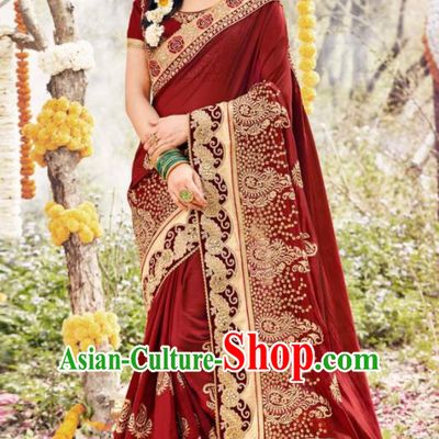 Indian Traditional Festival Purplish Red Georgette Sari Dress Asian India National Court Bollywood Costumes for Women