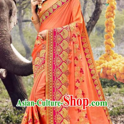 Indian Traditional Festival Peach Pink Georgette Sari Dress Asian India National Court Bollywood Costumes for Women