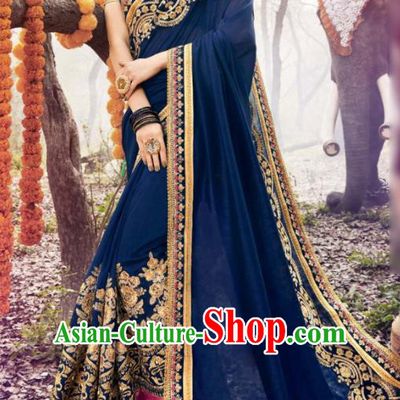 Indian Traditional Festival Navy Georgette Sari Dress Asian India National Court Bollywood Costumes for Women
