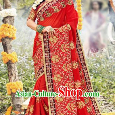 Indian Traditional Festival Red Georgette Sari Dress Asian India National Court Bollywood Costumes for Women